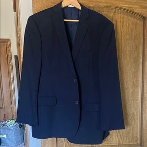 Gently used men’s navy suit;  fits most sz L men’s (46 reg)